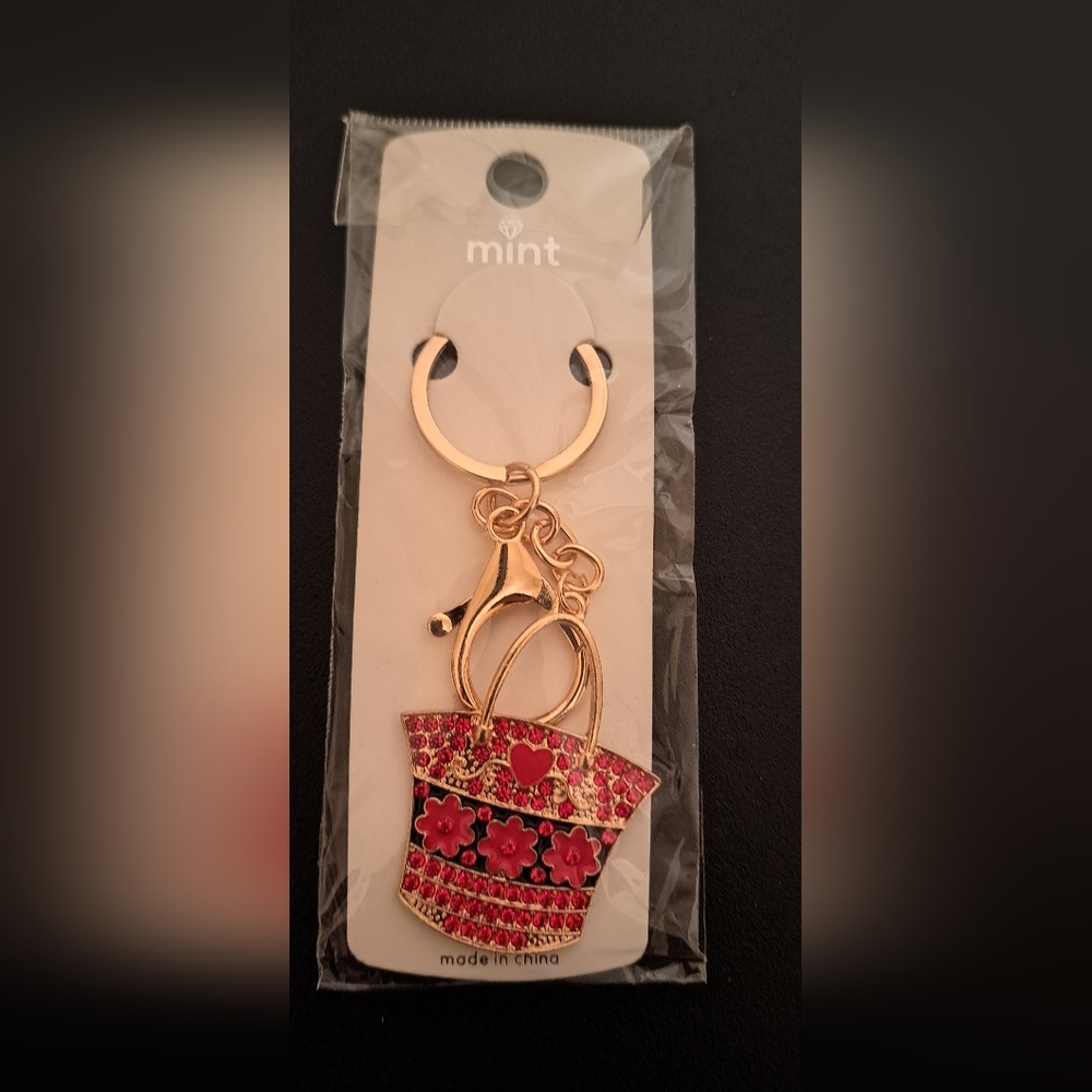 Mint Gold and Red Floral Bag Keychain Charm NWT